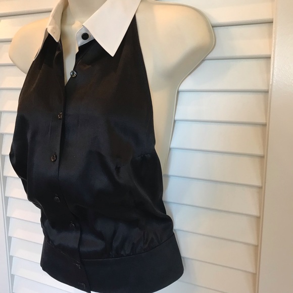Moda International Tops - Black Silk Backless Tuxedo Halter Top